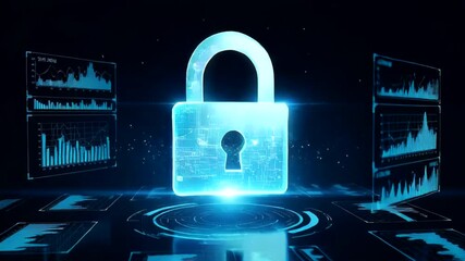 Digital padlock symbolizing cybersecurity with data analytics background - Powered by Adobe