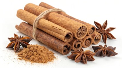 Bundled cinnamon sticks with star anise and ground spice