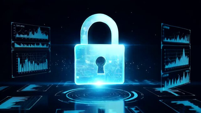 Digital padlock symbolizing cybersecurity with data analytics background - Powered by Adobe