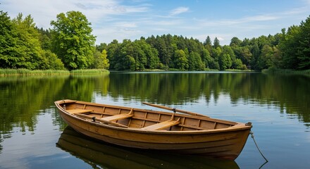 Obraz premium An empty wooden rowboat gently floats on calm lake waters surrounded by lush green trees under a clear blue sky, evoking peaceful serenity ,adventure ,relaxation ,transport