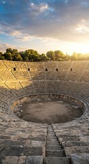Ancient stone amphitheater theater, a grand open-air venue with tiered seating and a central stage, bathed in golden sunlight ,heritage site ,ruins ,historical
