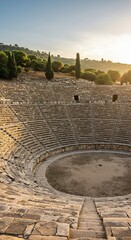 Ancient stone amphitheater theater, a grand open-air venue with tiered seating and a central stage, bathed in golden sunlight ,scenic ,tourism ,structure