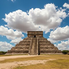 Ancient stone pyramid stands majestically under a vast, cloudless sky, showcasing the enduring legacy of an enigmatic civilization ,arid ,archaeological site ,ancient history