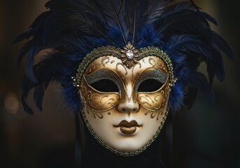 An exquisitely detailed Venetian carnival mask, featuring intricate gold and silver patterns with feathers, against a dark, mysterious background ,party ,celebration ,renaissance