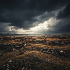 Battle-scarred terrain under a stormy sky, reflecting the profound cost and grim reality of a catastrophic, life-altering war ,difficult ,historical ,severe