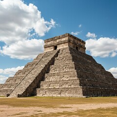 Ancient stone pyramid stands majestically under a vast, cloudless sky, showcasing the enduring legacy of an enigmatic civilization ,architecture ,weathered ,monument