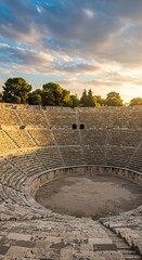 Ancient stone amphitheater theater, a grand open-air venue with tiered seating and a central stage, bathed in golden sunlight ,stone ,stage ,tourism
