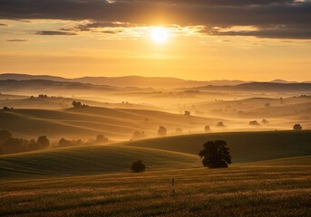 Capturing the breathtaking vastness and serene allure of a magnificent natural landscape at dawn. Golden light illuminates rolling hills ,majestic ,valley ,beautiful
