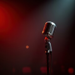 Close-up of a classic microphone on an empty stage bathed in a soft, dramatic spotlight, awaiting a performance ,stage ,microphone ,entertainment