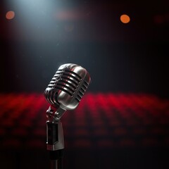 Close-up of a classic microphone on an empty stage bathed in a soft, dramatic spotlight, awaiting a performance ,readiness ,dark ,music