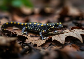 Close-up of a spotted salamander exploring damp leaf litter in a temperate forest, showcasing intricate patterns and woodland life ,animal ,cold blooded ,amphibian