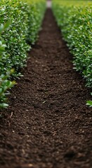 Close-up of fertile, dark brown garden soil, ideal for nurturing healthy hedges and lush plant growth in an organized landscape ,compost ,fresh ,land