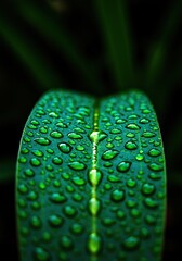 Close-up of a vibrant green leaf heavily covered in sparkling, crystal-clear raindrops, reflecting the soft light of a fresh morning shower ,detail ,texture ,transparency
