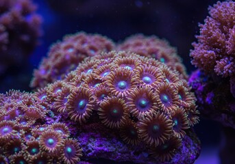 Close-up of a vibrant coral reef ecosystem thriving under controlled conditions, showcasing marine biodiversity and intricate life ,controlled conditions ,glass enclosure ,vibrant colors