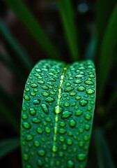 Close-up of a vibrant green leaf heavily covered in sparkling, crystal-clear raindrops, reflecting the soft light of a fresh morning shower ,nature ,macro ,surface