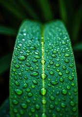 Close-up of a vibrant green leaf heavily covered in sparkling, crystal-clear raindrops, reflecting the soft light of a fresh morning shower ,spring ,macro ,pristine