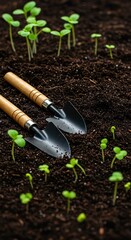 Close-up of gardening tools resting on rich, dark soil next to sprouting seedlings, illustrating organic growth and sustainable practices ,farm ,dark ,harvest