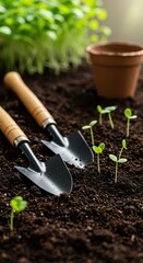 Close-up of gardening tools resting on rich, dark soil next to sprouting seedlings, illustrating organic growth and sustainable practices ,fresh ,harvest ,trowel