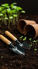 Close-up of gardening tools resting on rich, dark soil next to sprouting seedlings, illustrating organic growth and sustainable practices ,backyard ,ecosystem ,planting