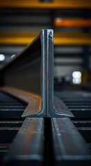 Close-up of industrial steel beams undergoing surface treatment and precise measurements, showcasing raw material preparation for fabrication ,processing ,durable ,material handling