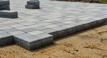 Close-up of interlocking paver stones being meticulously placed on a leveled sand base, indicating ongoing patio construction ,building ,outdoor ,construction