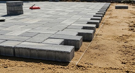 Close-up of interlocking paver stones being meticulously placed on a leveled sand base, indicating ongoing patio construction ,home ,foundation ,progress