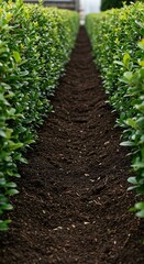 Close-up of fertile, dark brown garden soil, ideal for nurturing healthy hedges and lush plant growth in an organized landscape ,hedge ,healthy ,green