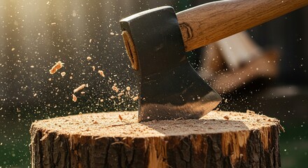 Close-up shot of an axe head cleaving into a rough log, sending wood chips flying. Focus on the impact and raw power ,rustic ,craft ,firewood
