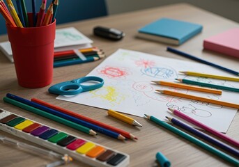 Naklejka premium Colorful art supplies scattered on a school desk alongside a vibrant drawing, showcasing a creative learning environment ,education ,primary school ,school