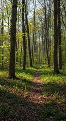 Naklejka premium Early spring light filters through a quiet forest, illuminating bare trees and awakening undergrowth. A peaceful natural transition scene ,seasonal ,awakening ,serene