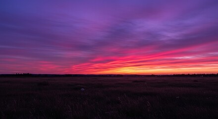 Fototapeta premium Expansive landscape bathed in the ethereal glow of a mesmerizing purple and pink twilight sky, evoking a sense of wonder and tranquility ,ethereal ,atmosphere ,twilight