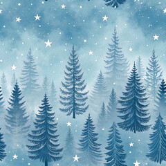 Obraz premium Seamless pattern of snowy fir silhouettes and tiny silver stars on icy blue gradient, frosty holiday packaging tile, high-res PNG, no text