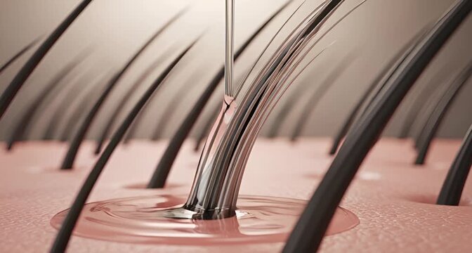 Closeup view of a drop of golden oil falling onto healthy hair strands, symbolizing hair care and treatment for nourishment animated 4k video