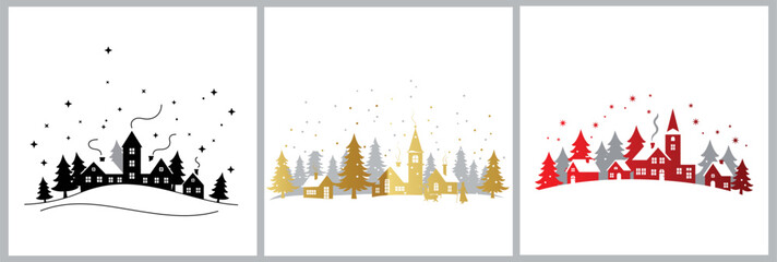 Christmas Village Silhouette Set in Black, Gold, and Red Vector Illustration