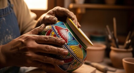 Creative hands paint vibrant patterns on beautiful handmade pottery in workshop art studio setting