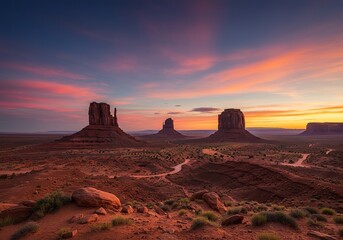 Vast arid landscape of the American West, featuring sandstone formations and an expansive sky at sunset, evoking solitude ,picturesque ,dry ,mesa