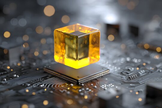 Illuminated amber crystal perched atop advanced microprocessor on circuit board with bokeh lights