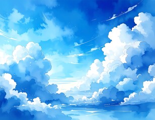 A digital painting presents a vibrant, animated sky. Fluffy white clouds are scattered against a bright azure background, creating a sense of depth and space