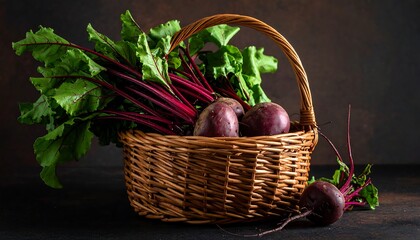 A rustic woven basket brimming with fresh, deep red beetroots and vibrant green leaves against a moody, dark brown background