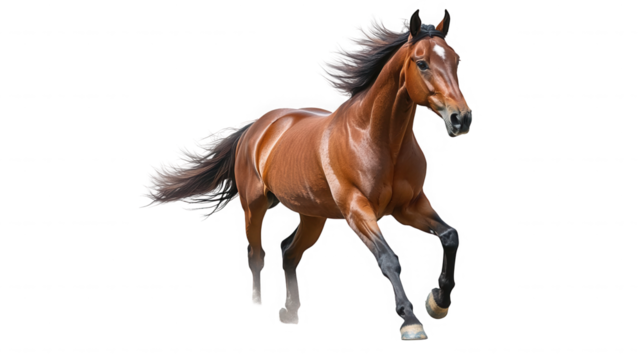 A chestnut horse with a white star galloping  with its mane and tail flowing freely on transparent background