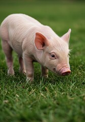 A curious little piglet sniffs the ground in a sun-drenched pasture, its tiny snout twitching, embodying rural charm and nature ,farming ,grass ,baby animal