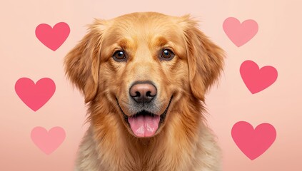 Canine Affection. A Golden Portrait Surrounded by Hearts on a Soft Pink Backdrop.