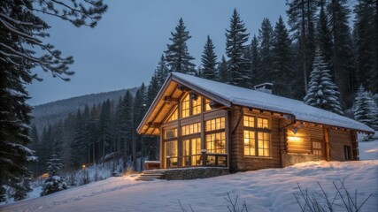 Cozy wooden cabin in snowy forest at twilight with warm interior lights