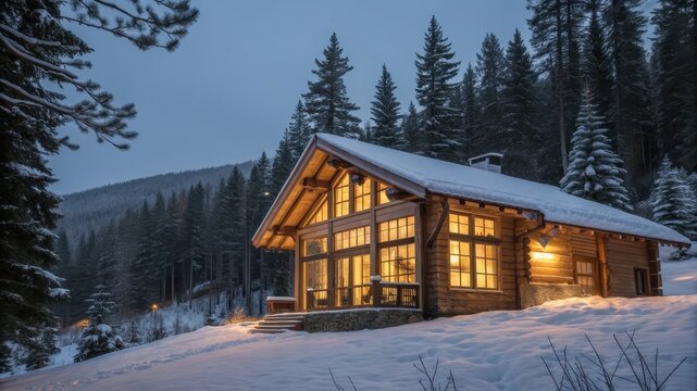 Cozy wooden cabin in snowy forest at twilight with warm interior lights