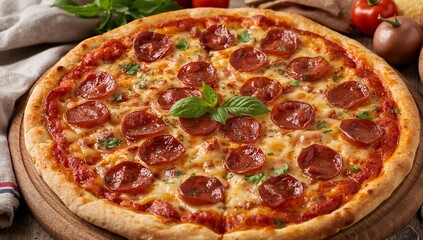 Circular Feast. A Pepperoni Delight on a Wooden Platter, a Symphony of Flavors.