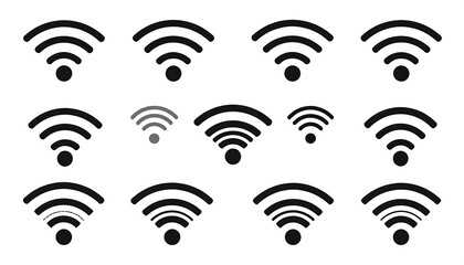 A collection of black and white graphic icons representing the symbol for WiFi signal strength. The strength is varied