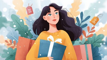 Young Woman Holding Gift Box Surrounded by Plants and Shopping Bags in Colorful Illustration