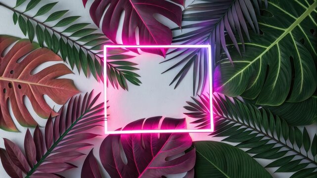 Tropical leaves frame a glowing neon pink square with copy space - Powered by Adobe