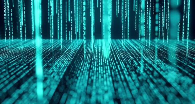 Abstract digital rain of binary code in cyan, representing data flow and technology animated 4k video