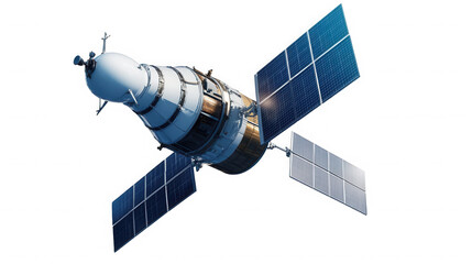A detailed view of a satellite with solar panels  in outer space exploration on transparent background